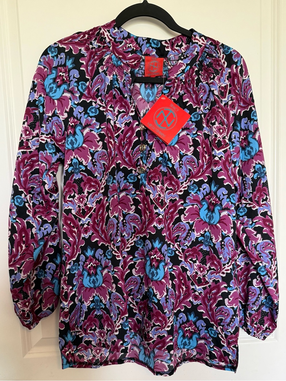 Tracy Negoshian Floral Button-Front Top in Purple, Blue & Black